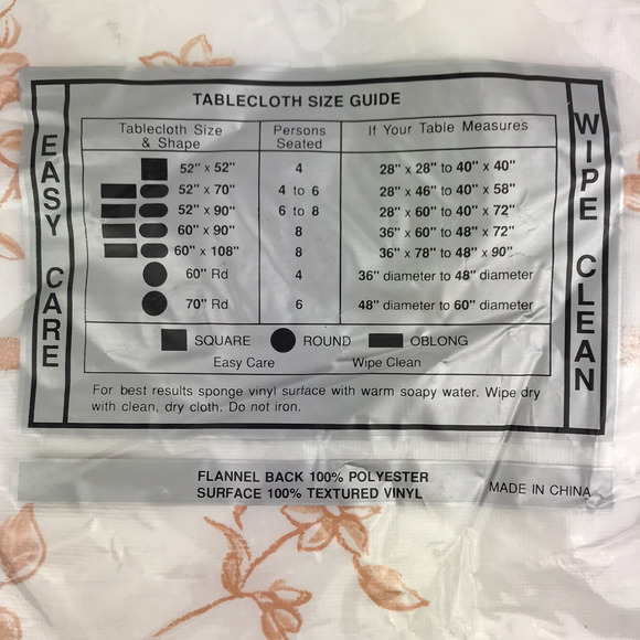 Vtg NEW Flannel Back Vinyl Tablecloth Oblong 52"x70" Floral White Peach - Picture 4 of 4